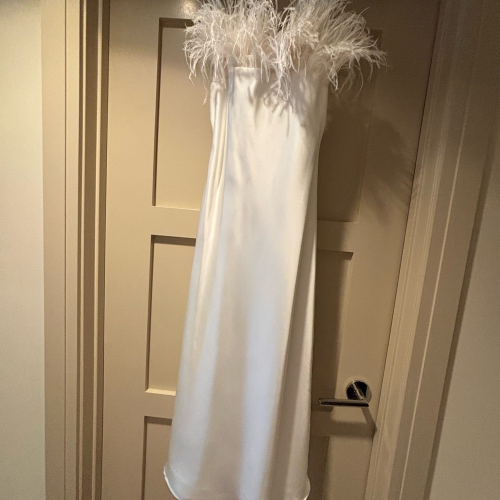 Line & Dot White Strapless Midi Gown